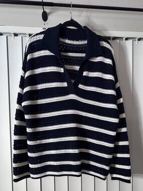 Women's Navy and White Striped Crochet Sweater Size XL